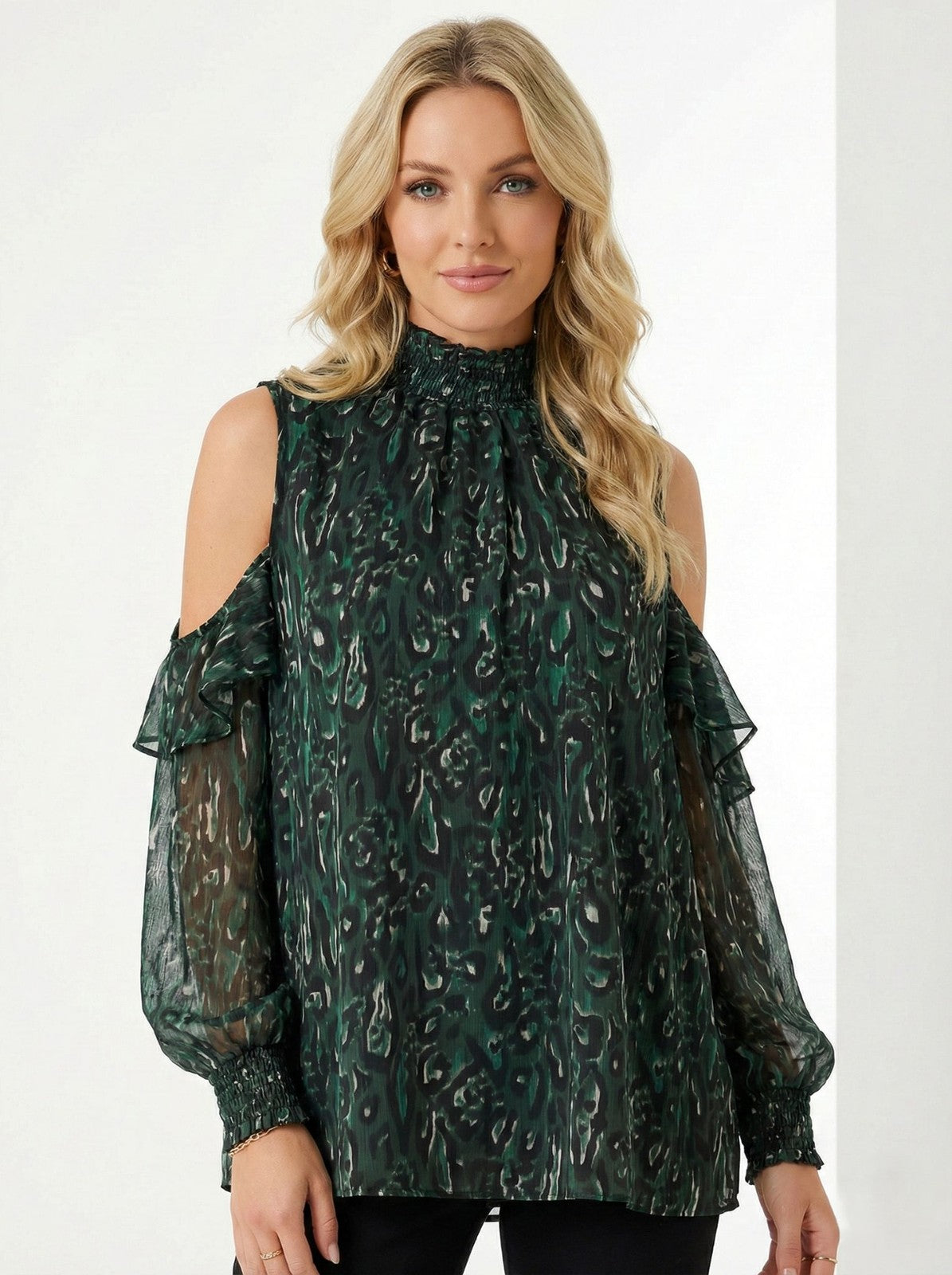 Yours London Blouse Womens UK 30-32 Green Sheer Cold Shoulder Smocked Sleeve