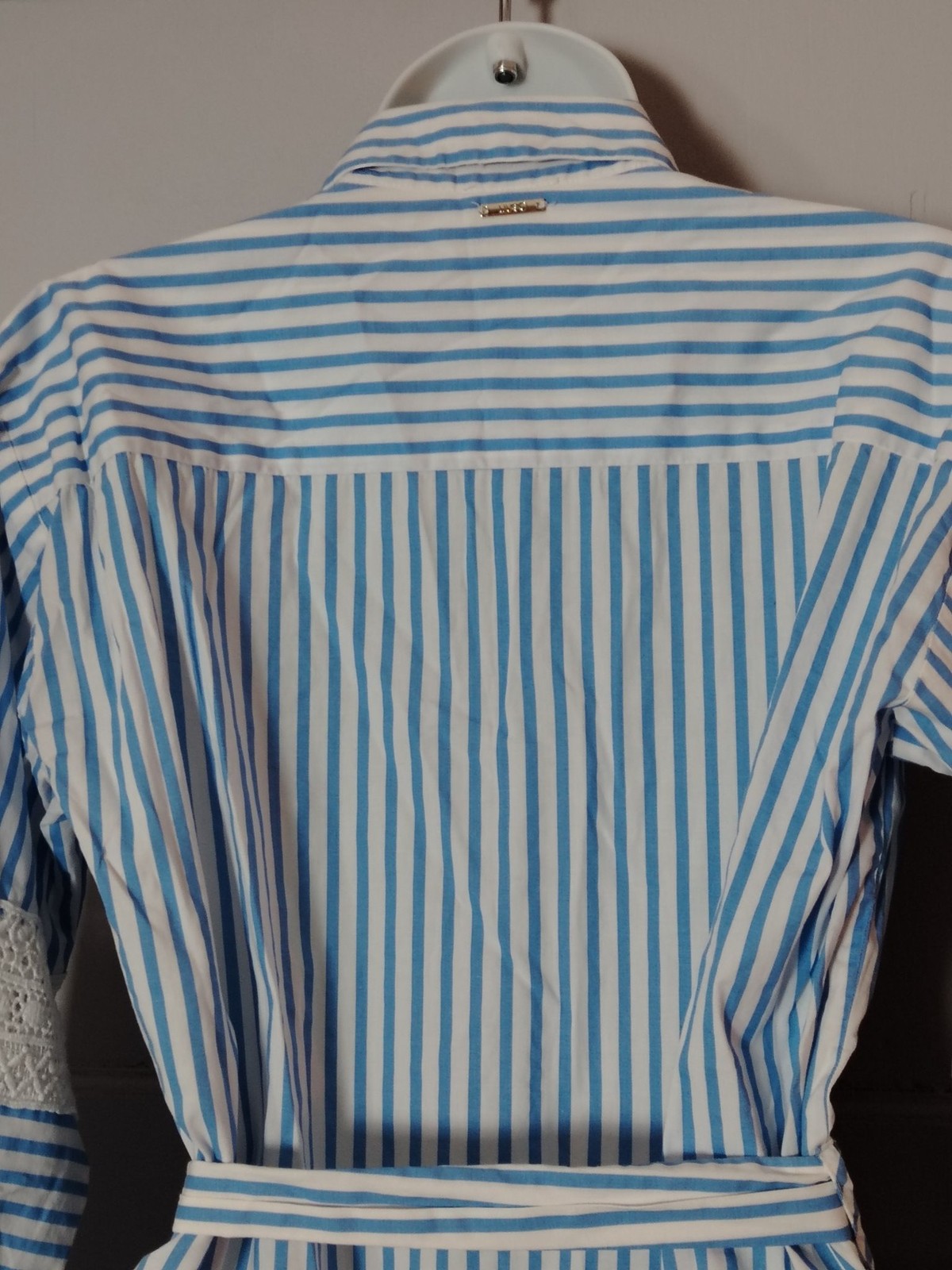Liu Jo Shirt Dress Womens 38 Blue White Stripe Long Sleeve Lace Belted Buttoned