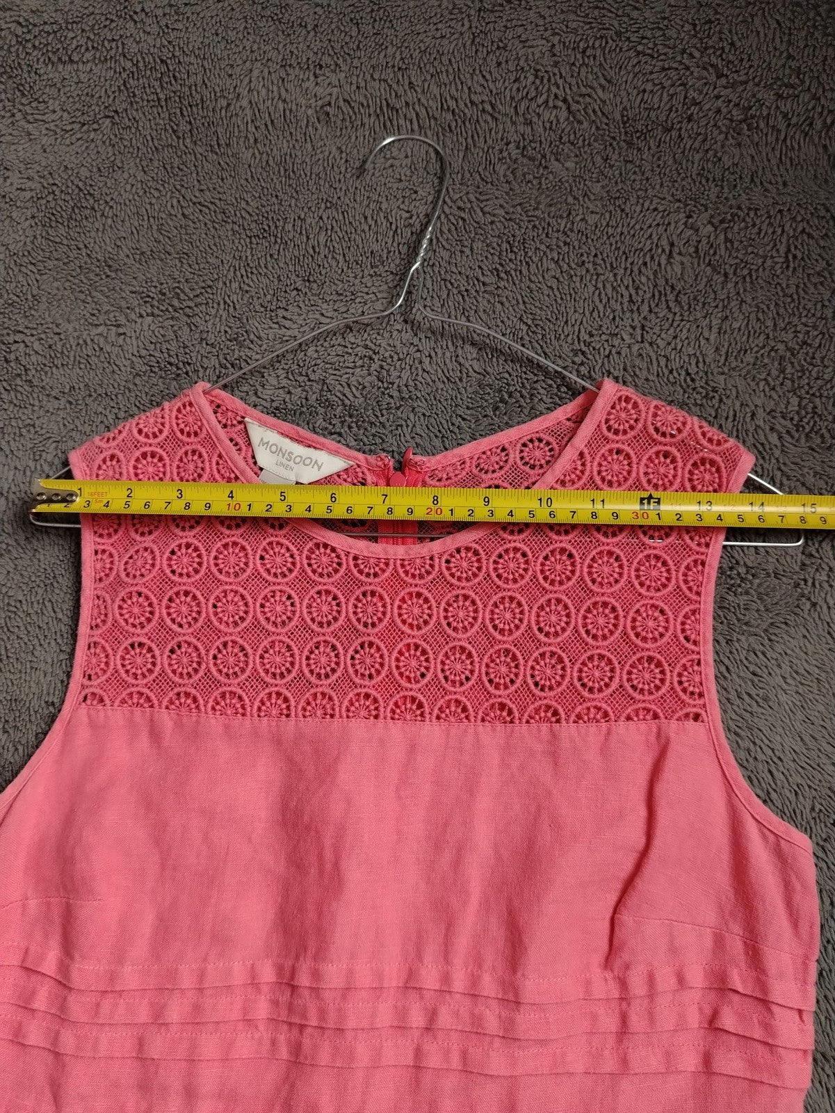 Monsoon Dress Womens 8 Linen Shift Sleeveless Crochet Lace Back Zip Coral Pink