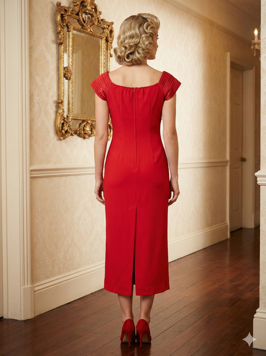 Tania Bryer Red Occasion Dress Pleated V-Neck Midi Est Size UK 10/12