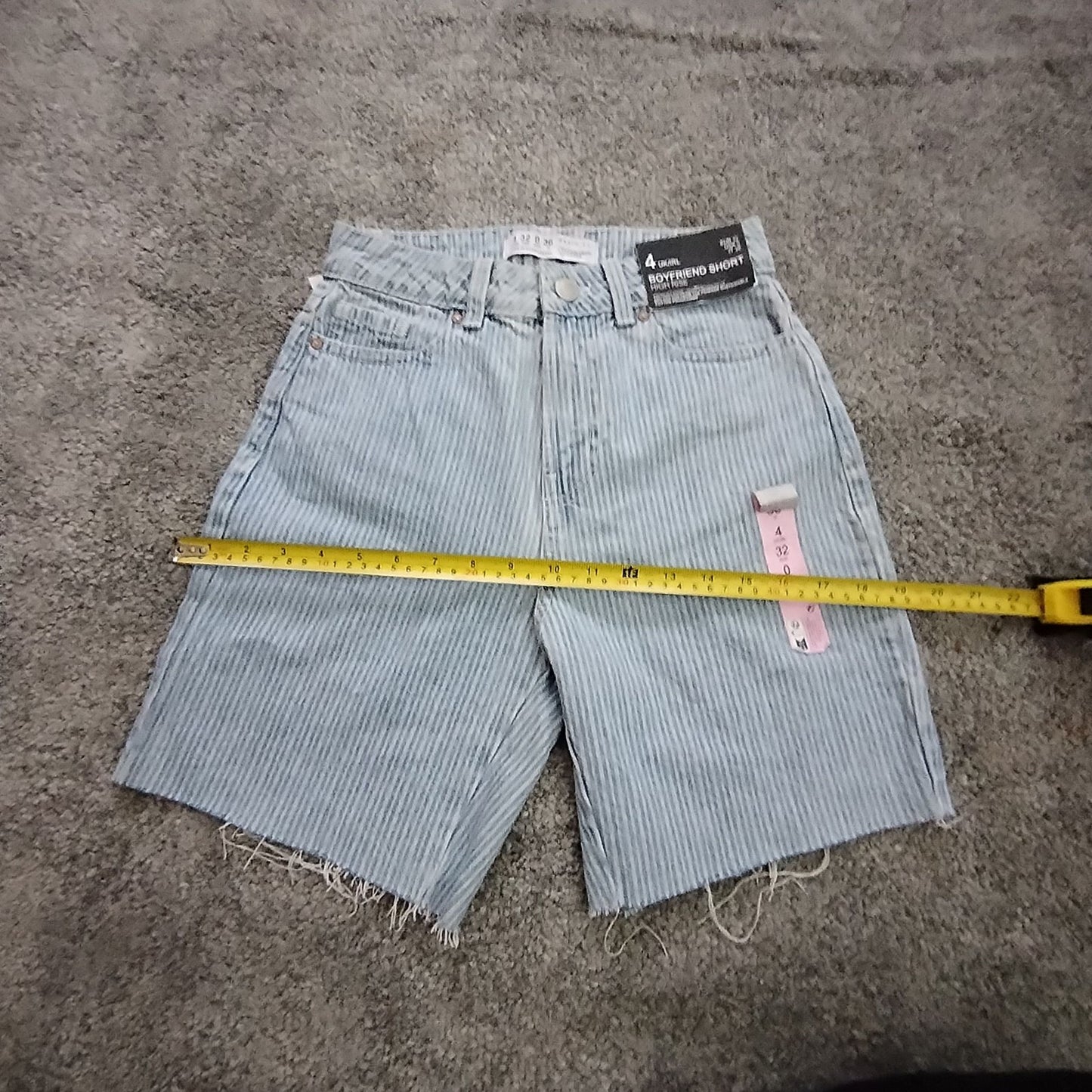 Denim Shorts Women's UK4 Boyfriend High Rise Light Blue Striped Frayed Raw Hem