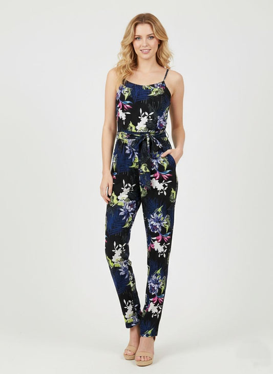 Womens Jumpsuit Spaghetti Strap Belted Floral Print Navy Black Summer Pockets