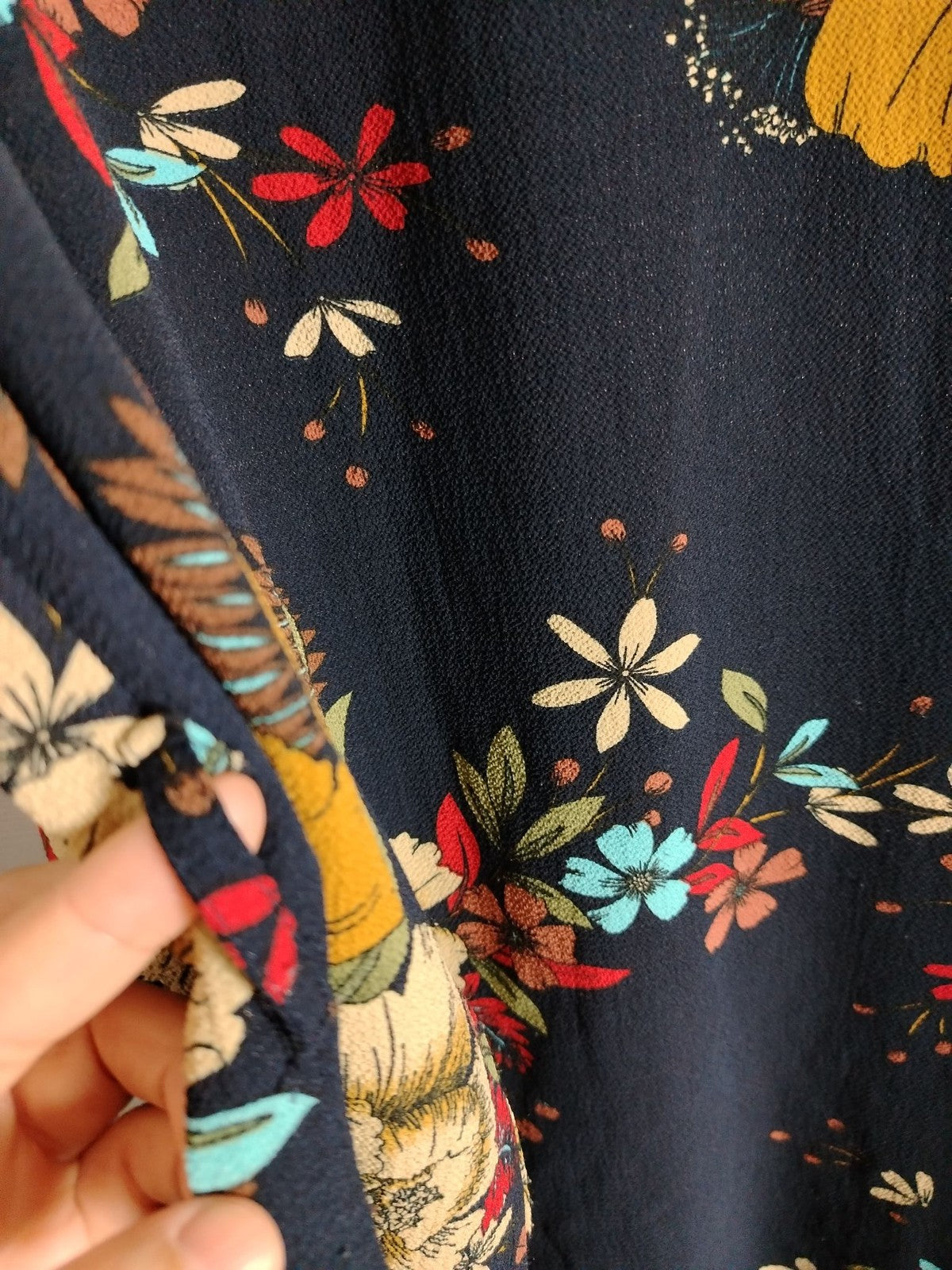 Jacqueline de Yong Dress Womens 40 Navy Floral V Neck Long Sleeve Boho Shift