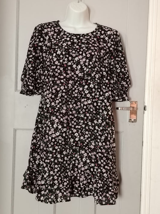 Dorothy Perkins Dress Womens UK14 US10 Black Pink Floral Puff Sleeve Ruffle