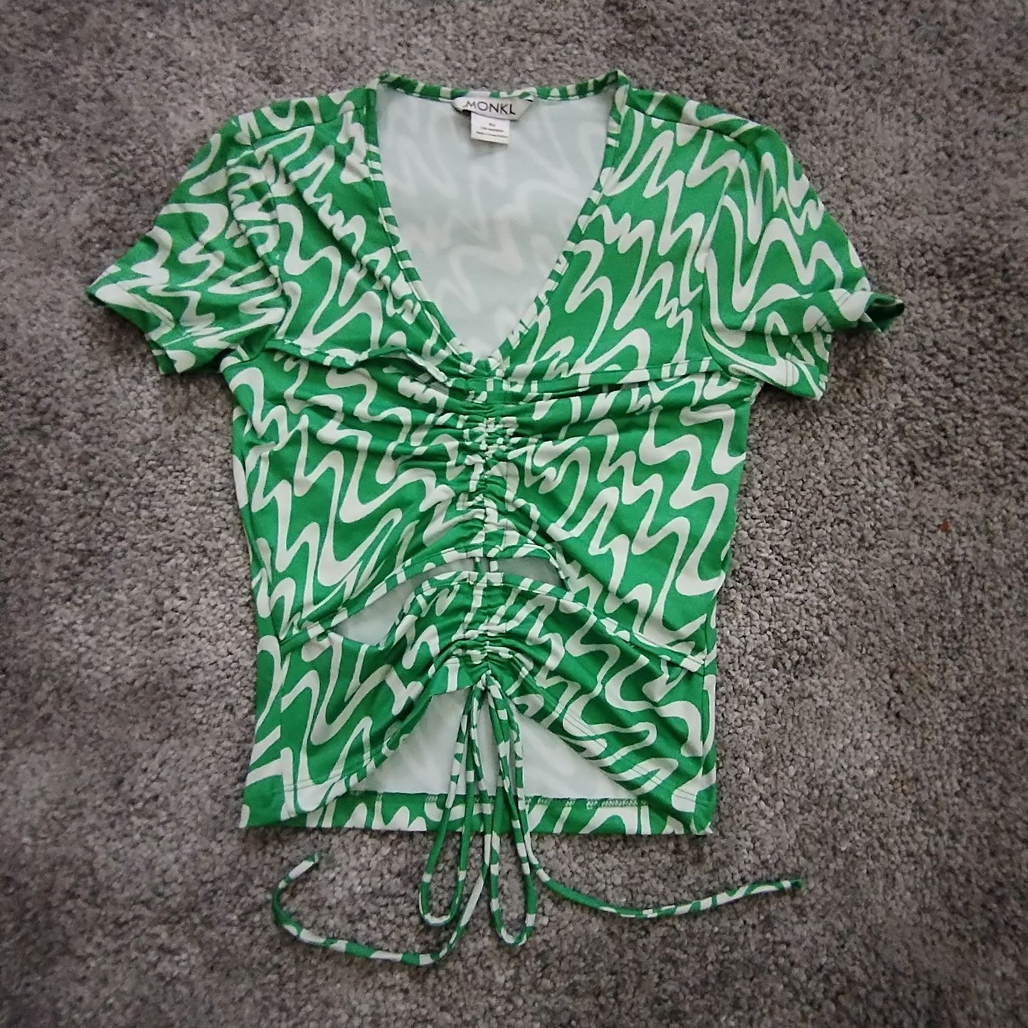 Monki Top Womens XS Green Ruched Drawstring V Neck Short Sleeve Print Stretch