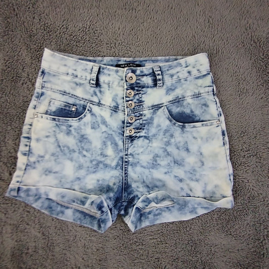 New Look Denim Shorts Girls 13 Acid Wash Button Fly High Rise Blue Stretch