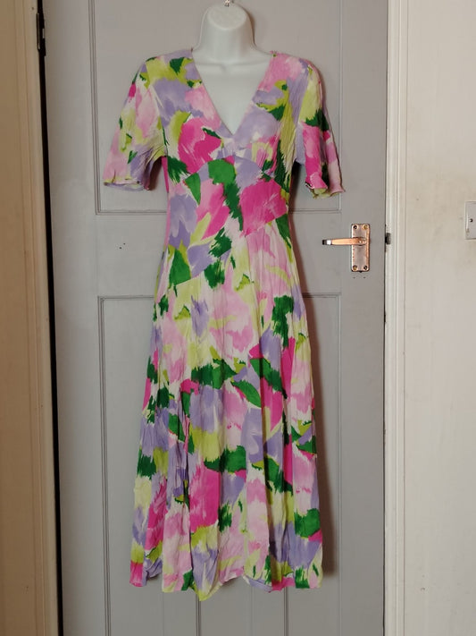 Primark Dress Womens 12 V Neck Midi Short Sleeve Floral Pink Green Lavender