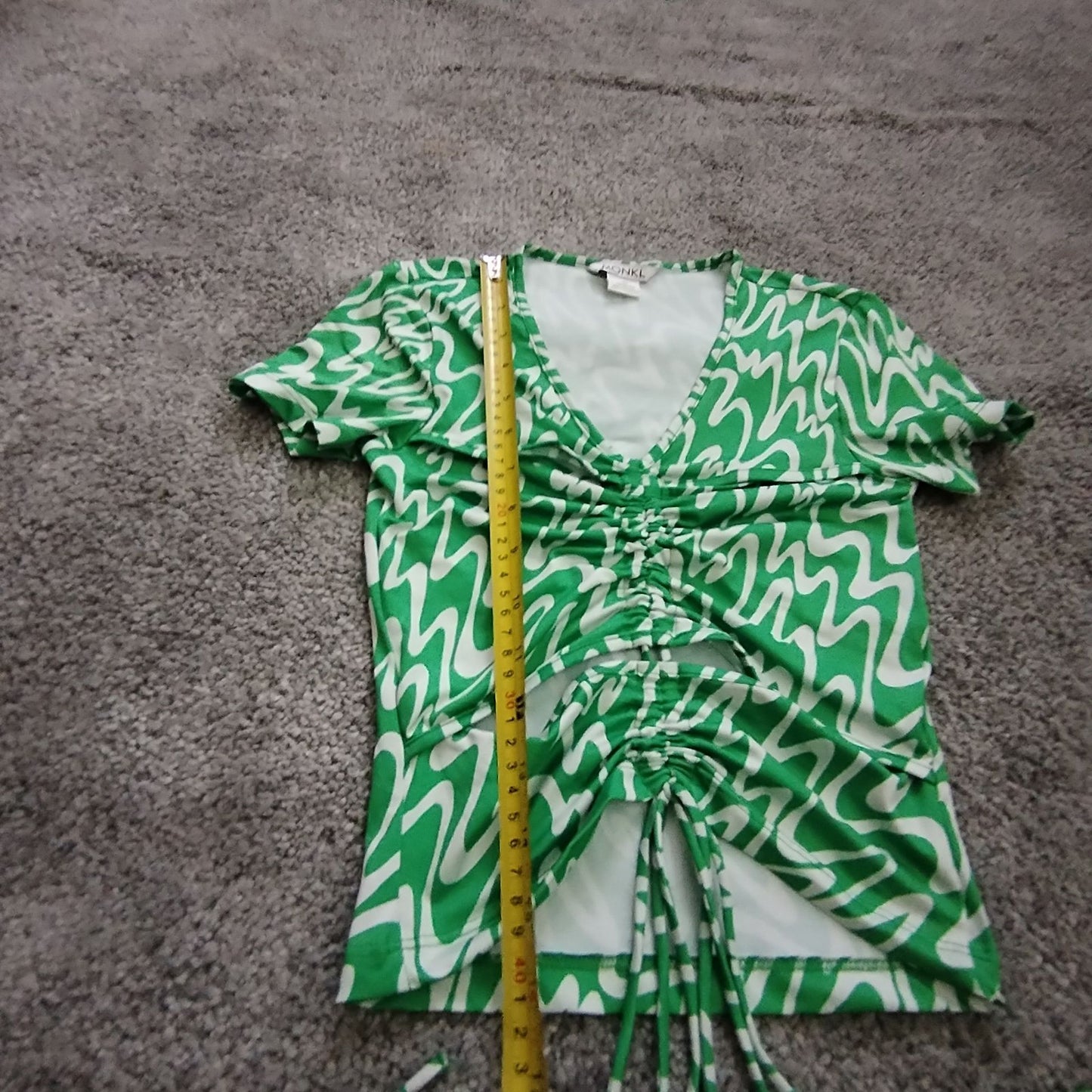 Monki Top Womens XS Green Ruched Drawstring V Neck Short Sleeve Print Stretch