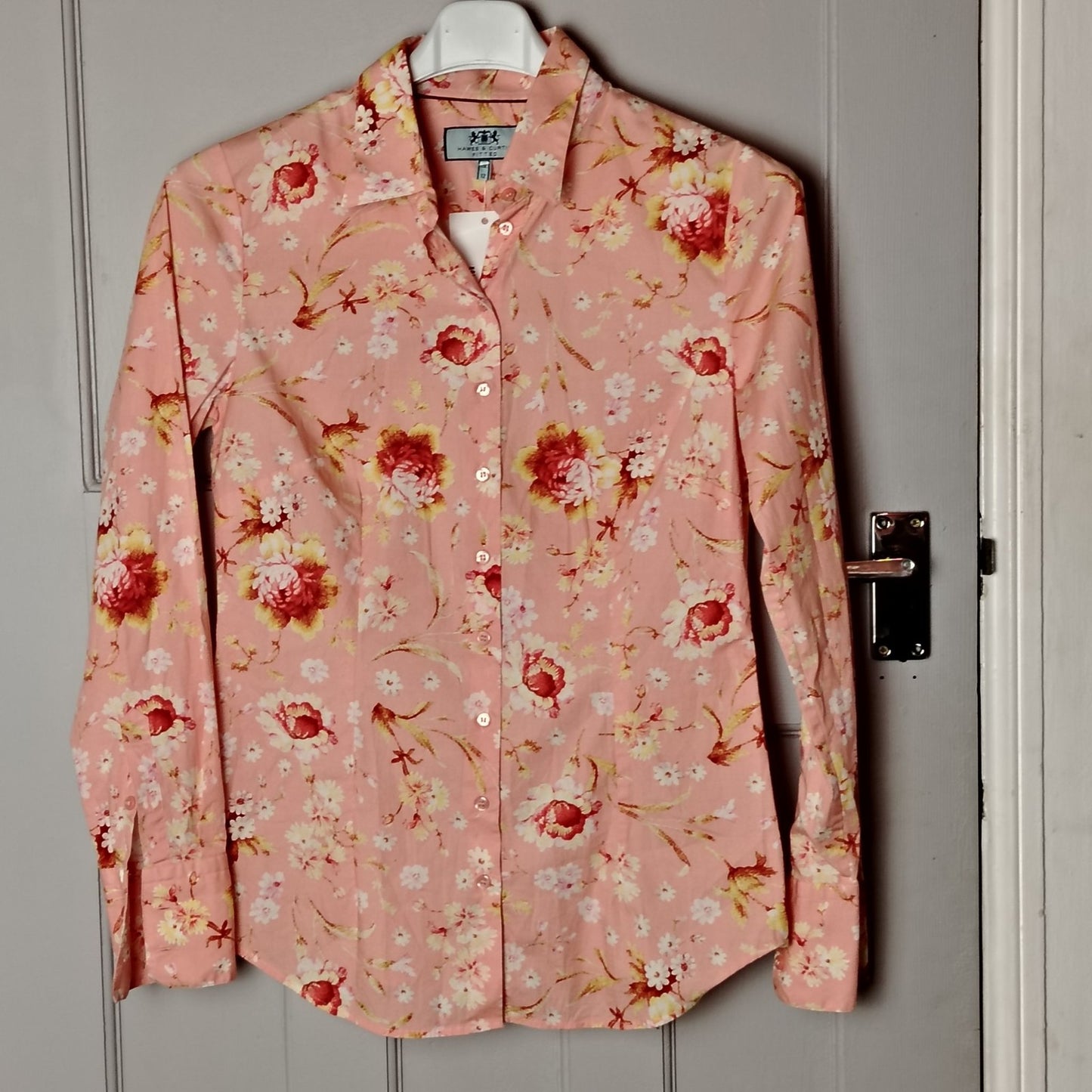 Hawes & Curtis Shirt Womens 12 Fitted Button-Up Long Sleeve Floral Pink Blouse