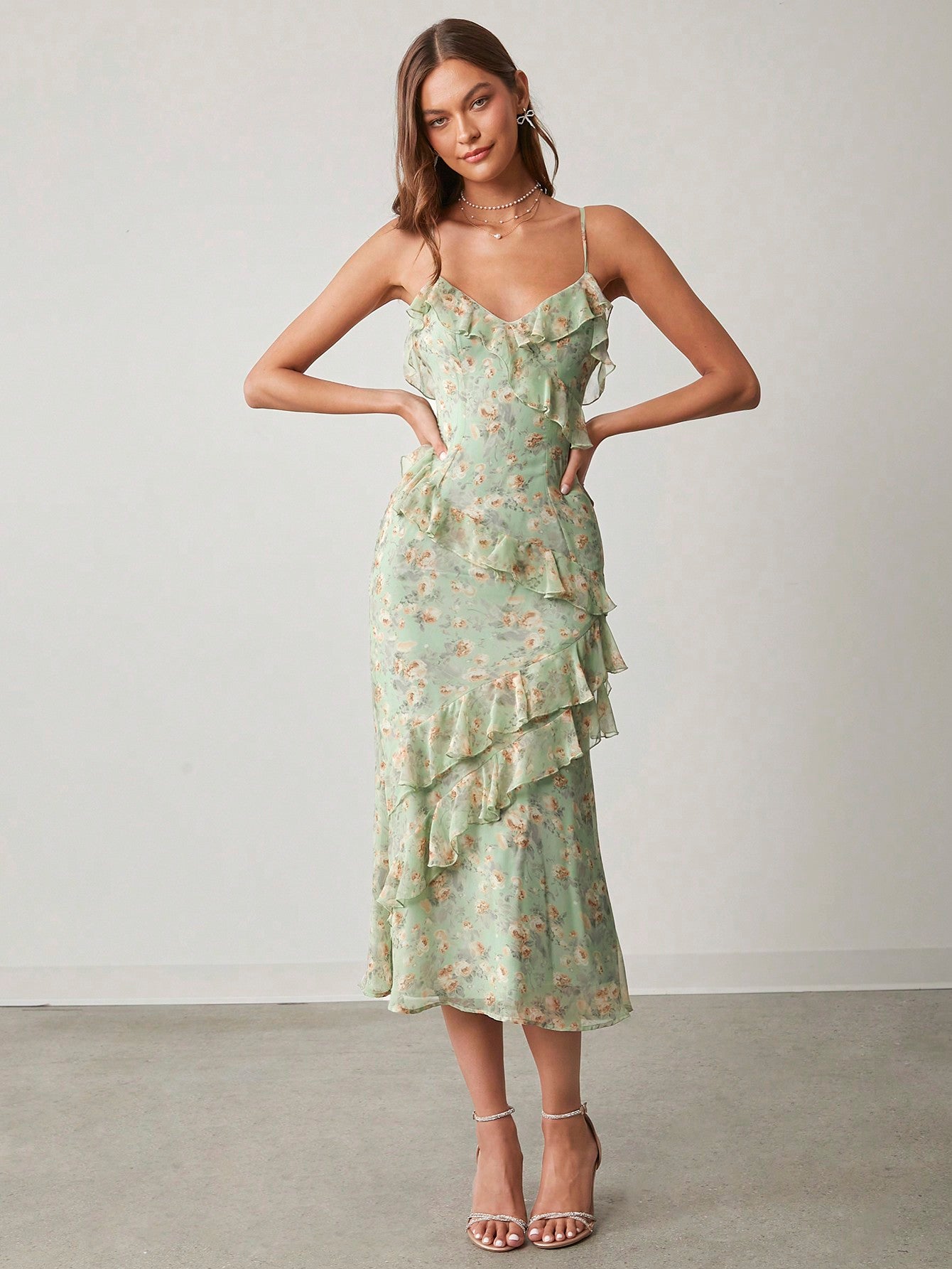 Boho Floral Green Tiered Mermaid Maxi Dress - Wedding & Special Occasions