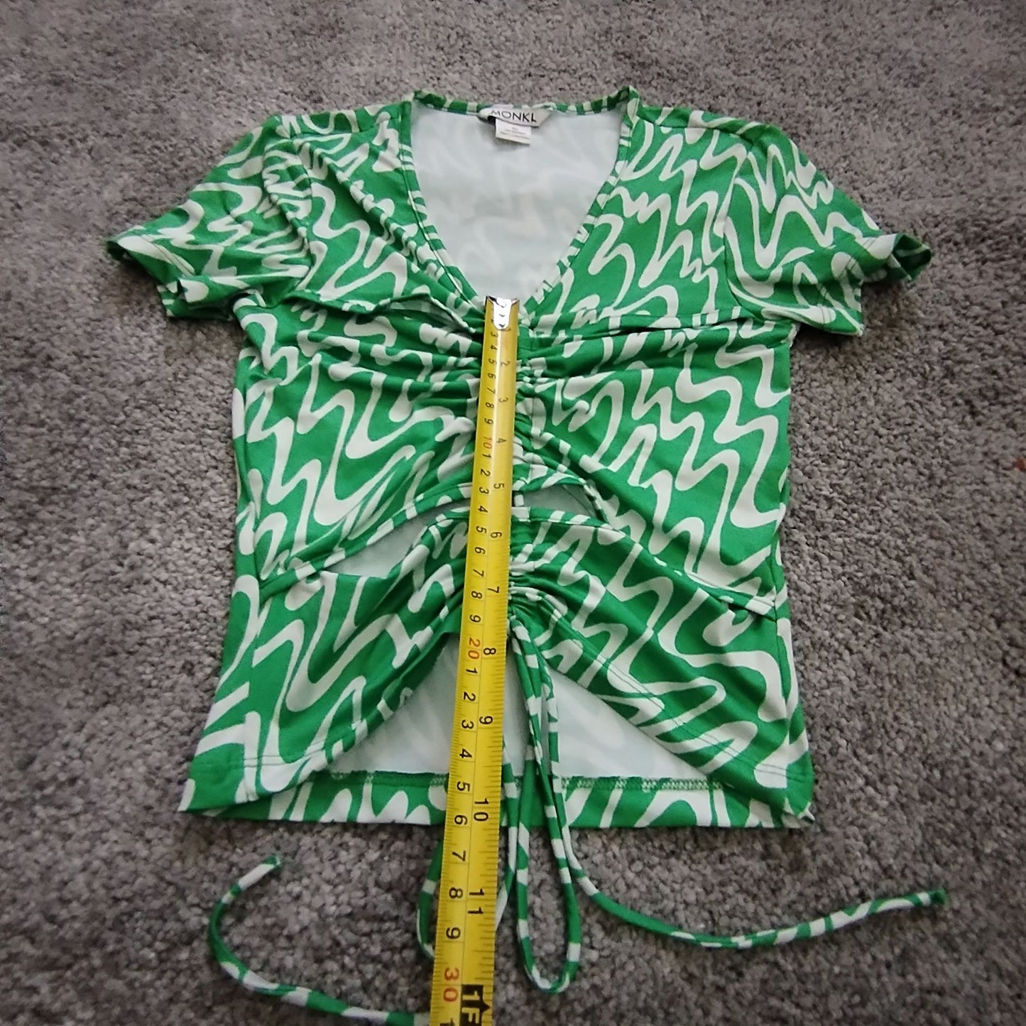 Monki Top Womens XS Green Ruched Drawstring V Neck Short Sleeve Print Stretch