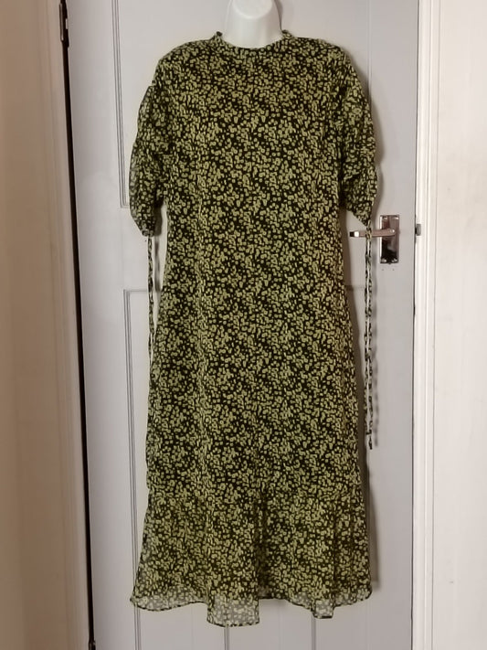 Glamorous Dress Womens S Black Yellow Floral Midi Ruffle Puff Sleeve Tie Waist