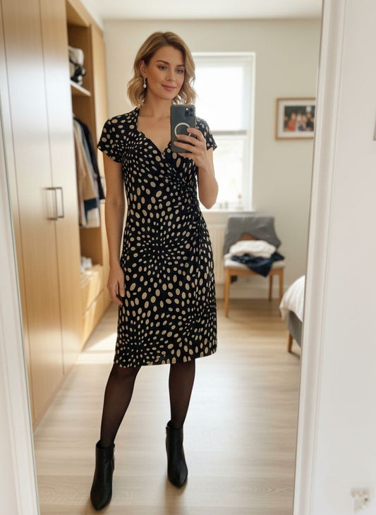 Promod Dress Womens L Navy Polka Dot Wrap VNeck Buckle Short Sleeve Knee Length