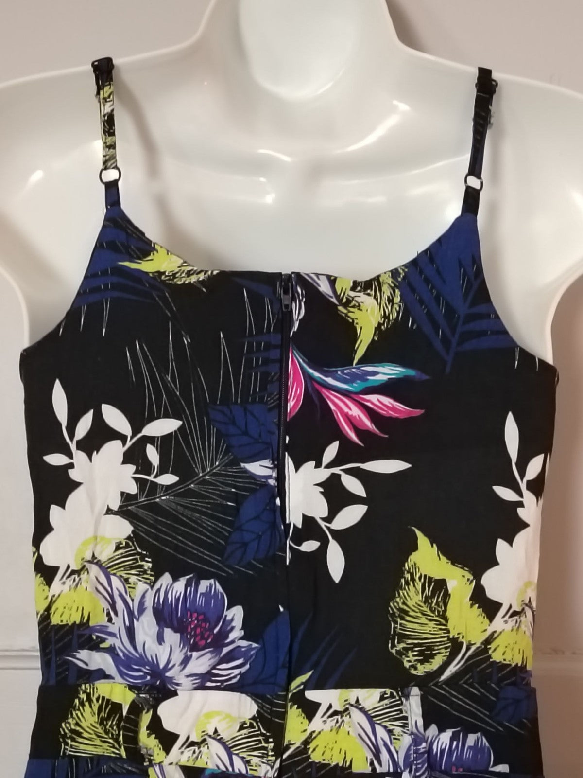 Womens Jumpsuit Spaghetti Strap Belted Floral Print Navy Black Summer Pockets