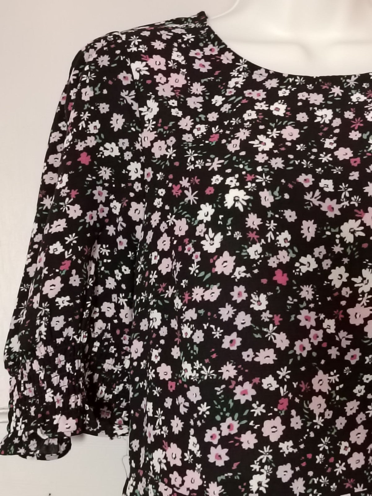 Dorothy Perkins Dress Womens UK14 US10 Black Pink Floral Puff Sleeve Ruffle