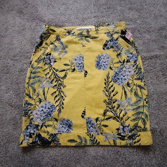 Next Skirt Women's UK10 Linen Blend Yellow Blue Floral Pockets Back Vent Casual