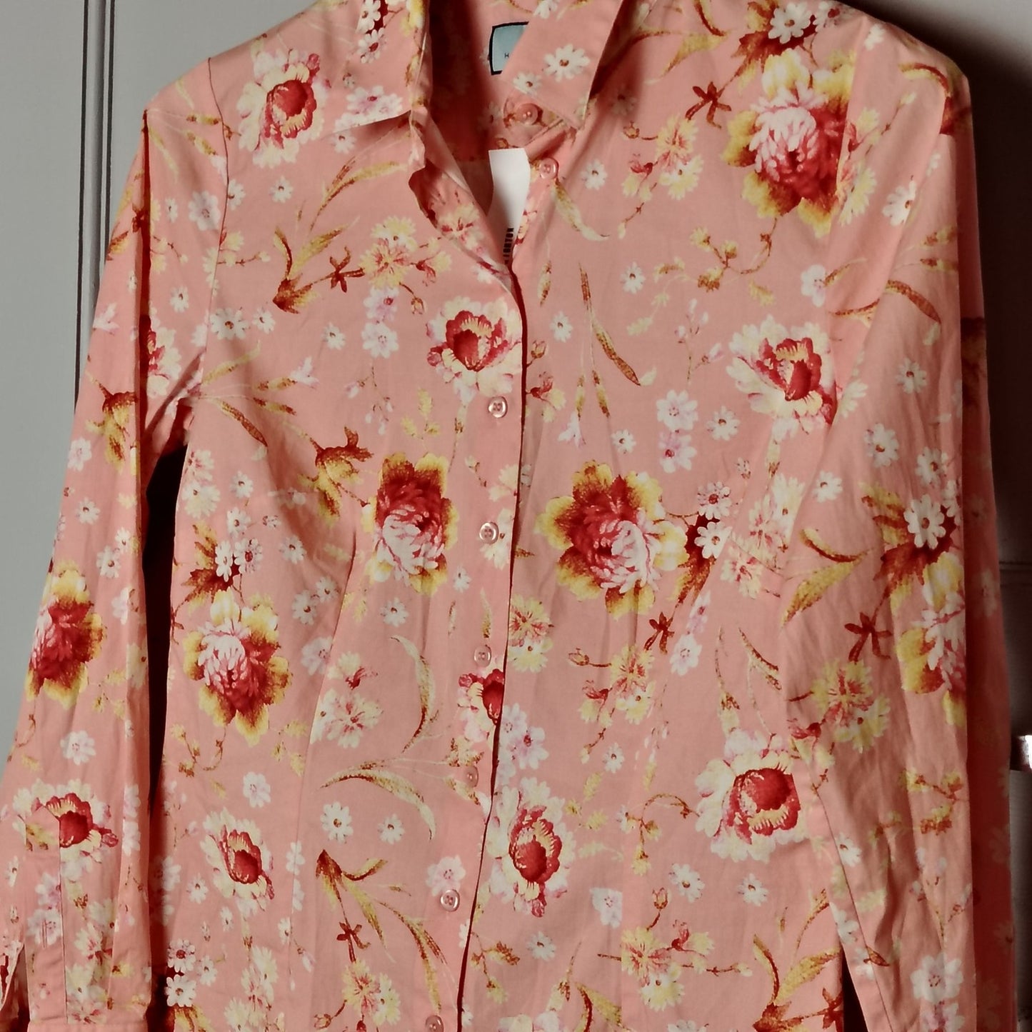 Hawes & Curtis Shirt Womens 12 Fitted Button-Up Long Sleeve Floral Pink Blouse
