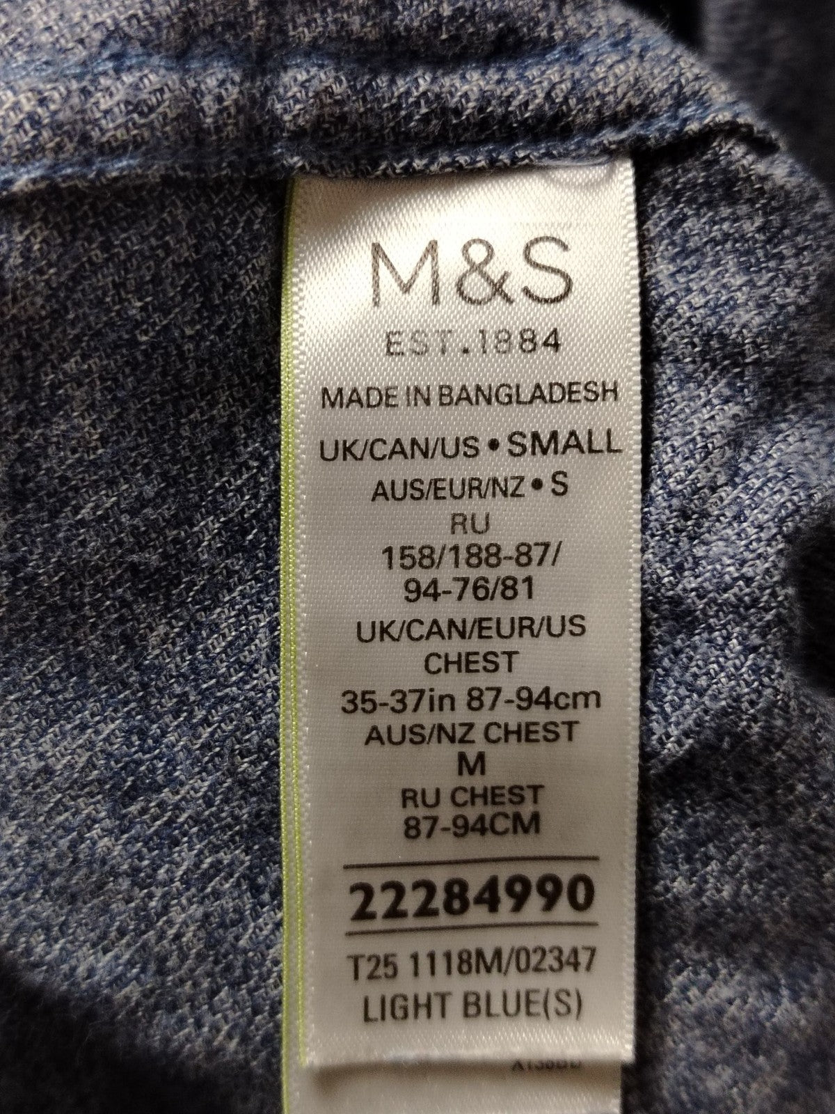 M&S Shirt Mens S Brushed Cotton Long Sleeve Button Front Chest Pocket Light Blue