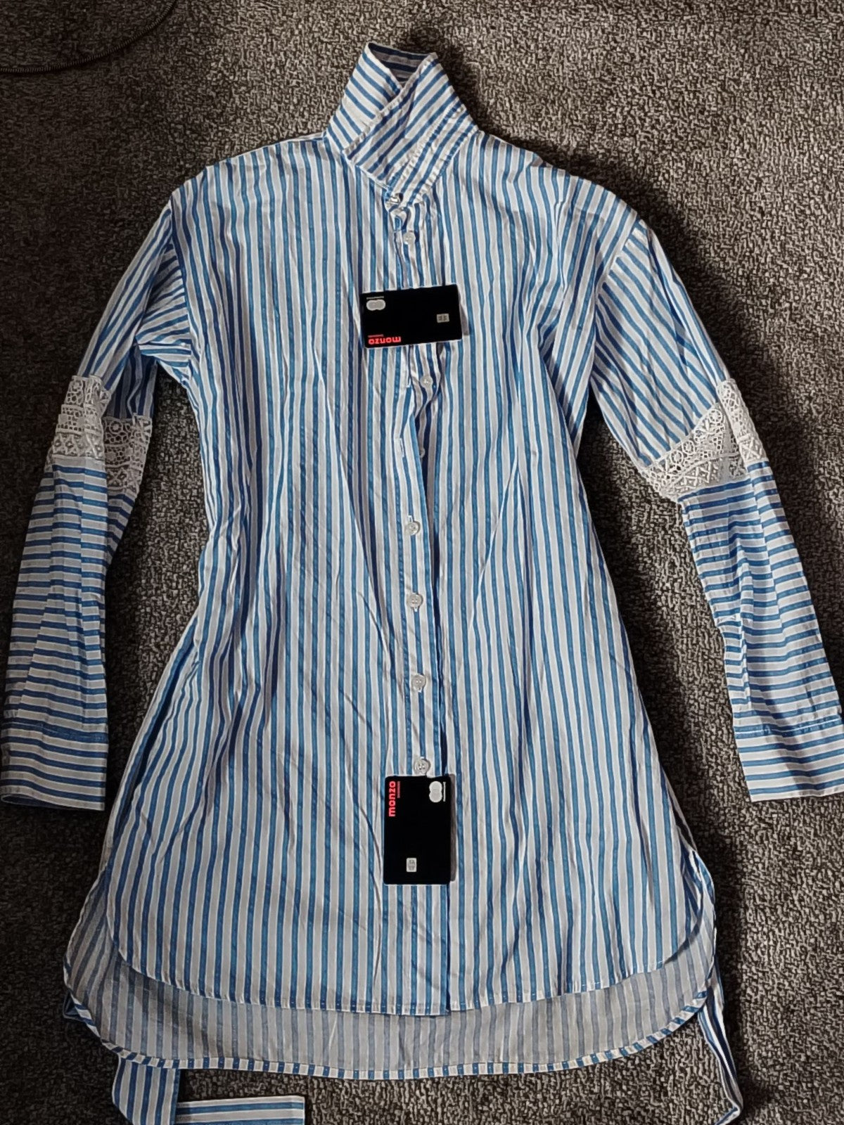 Liu Jo Shirt Dress Womens 38 Blue White Stripe Long Sleeve Lace Belted Buttoned
