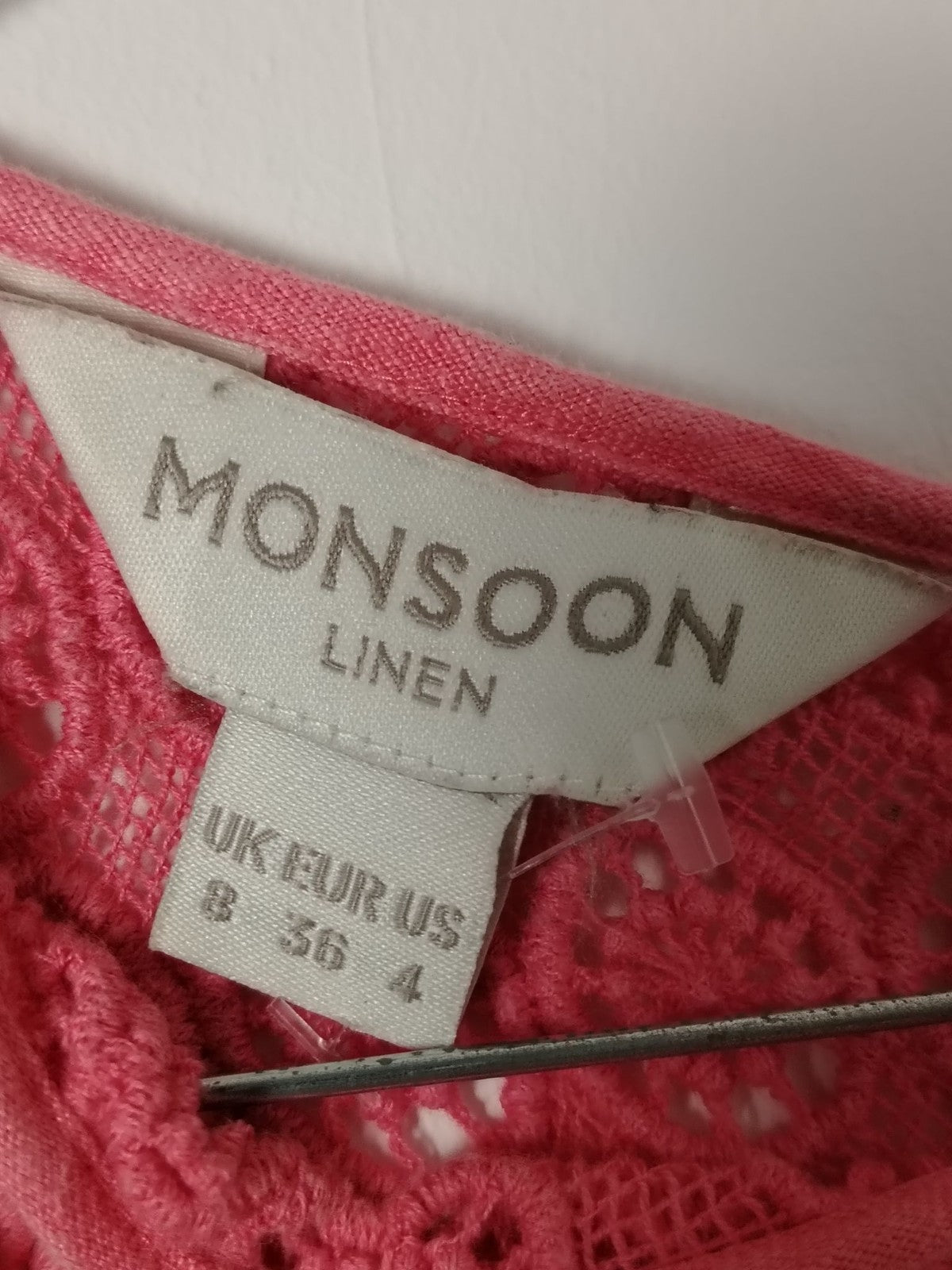 Monsoon Dress Womens 8 Linen Shift Sleeveless Crochet Lace Back Zip Coral Pink