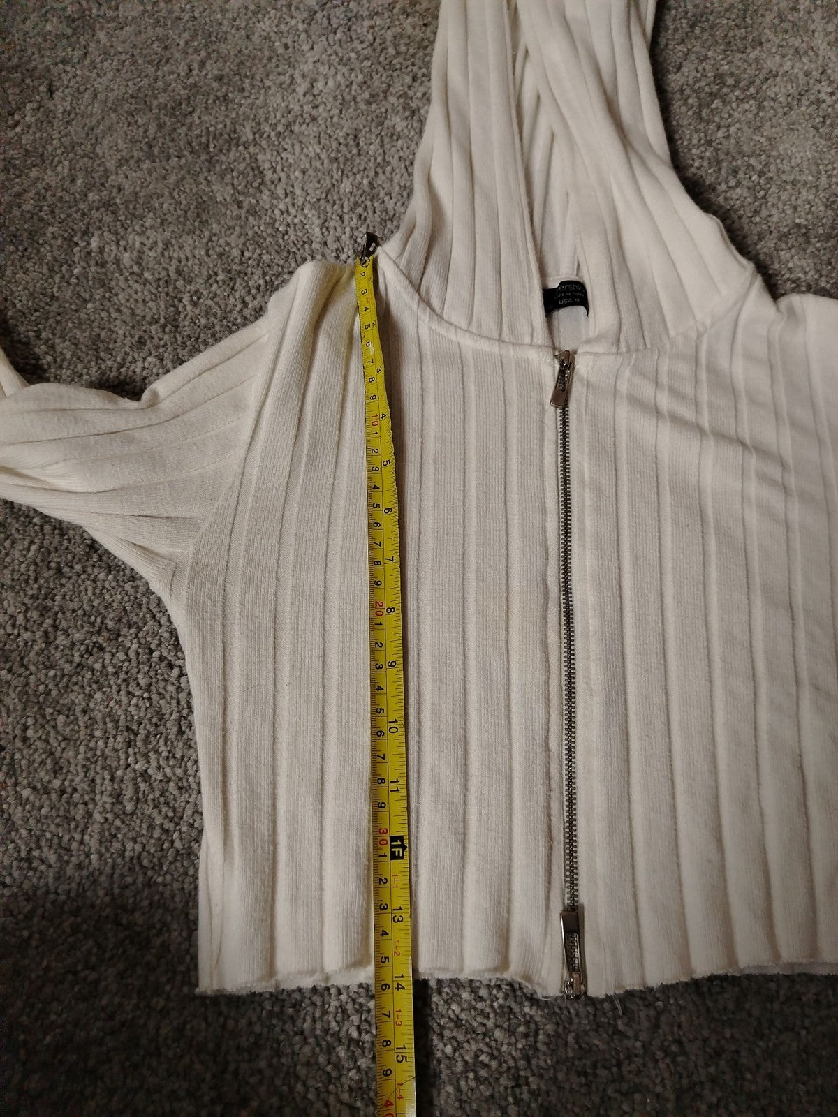 Bershka Cropped Hoodie Womens M Ribbed Zipper Long Sleeve Sweater Cream Knit