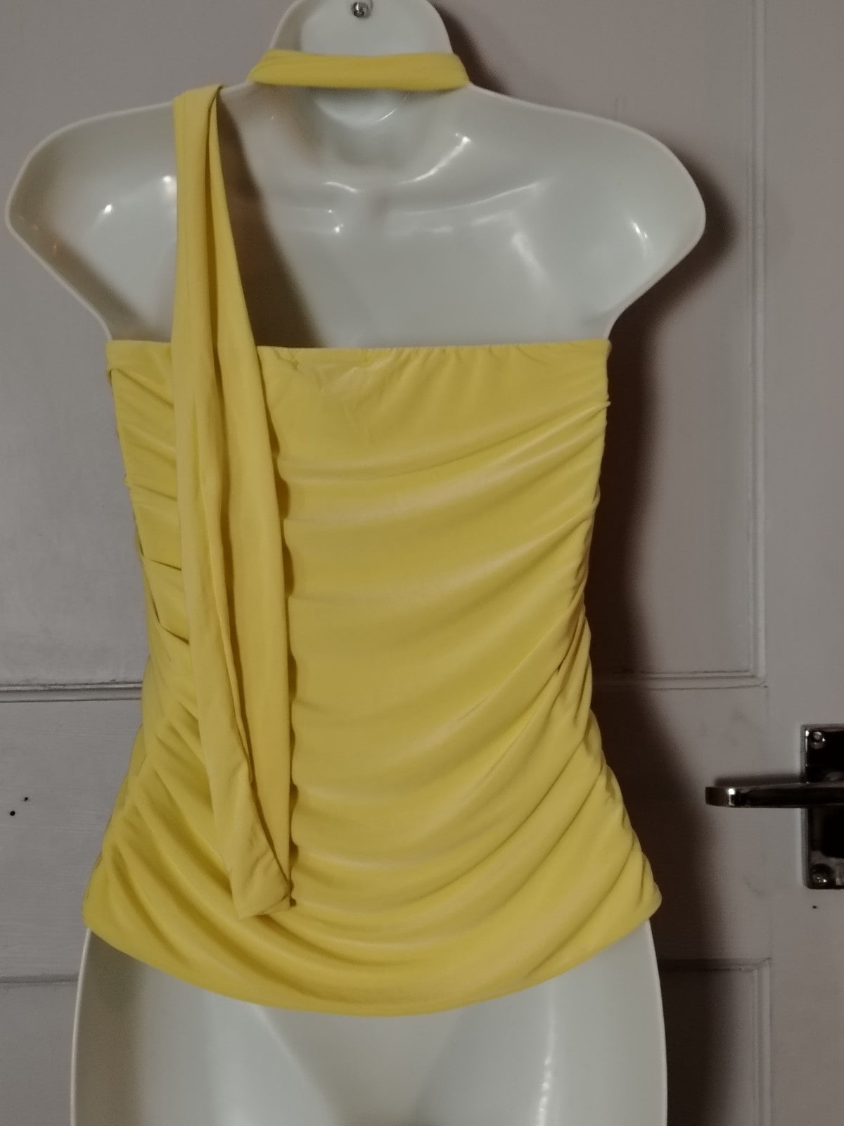 PLT Lemon Yellow Scarf Neck Top UK 10 Bandeau Ruched Double Layer Jersey Party N