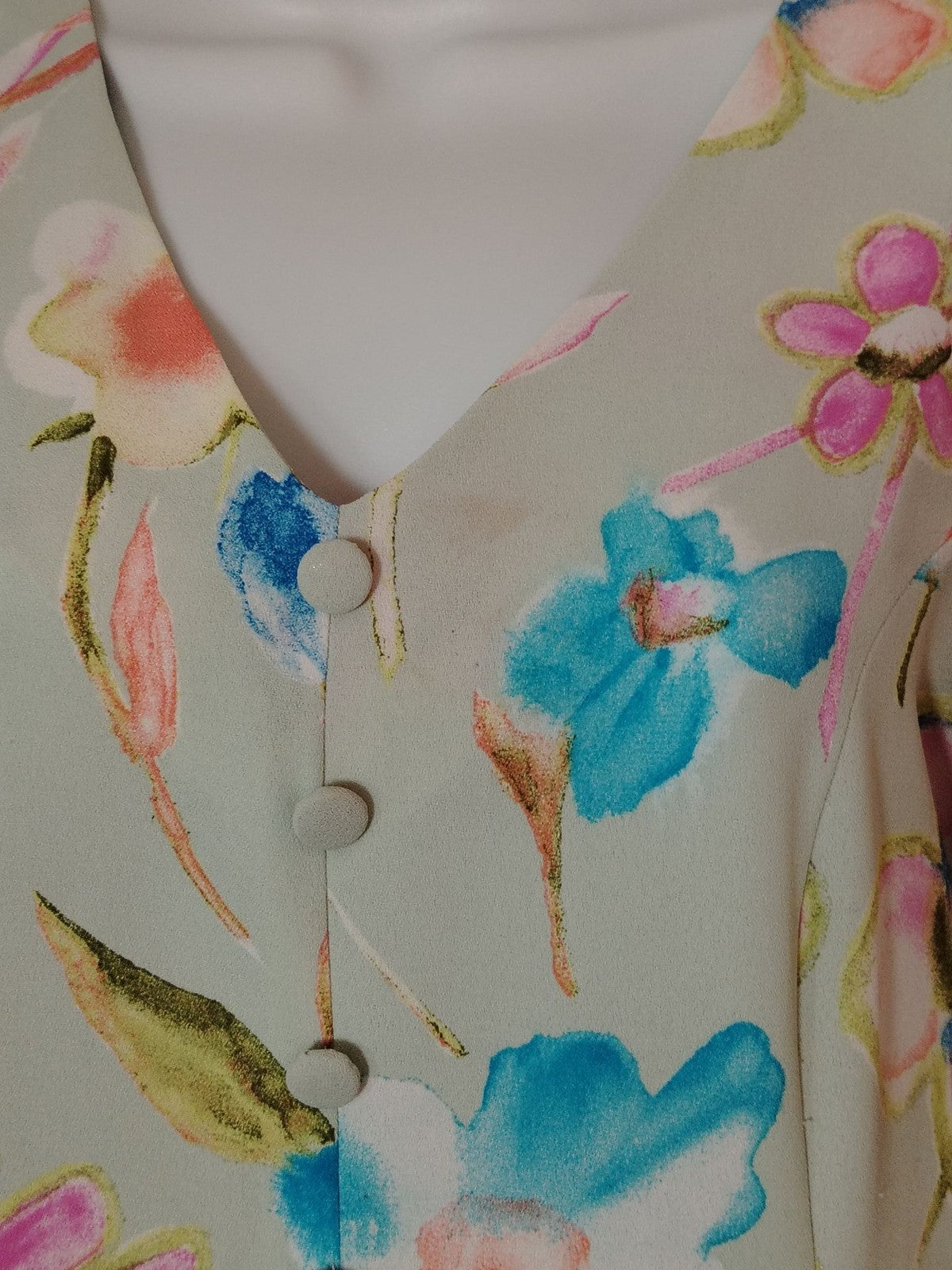Floral Midi Dress Womens M Pastel Mint Green Watercolor Flower V-Neck Buttons