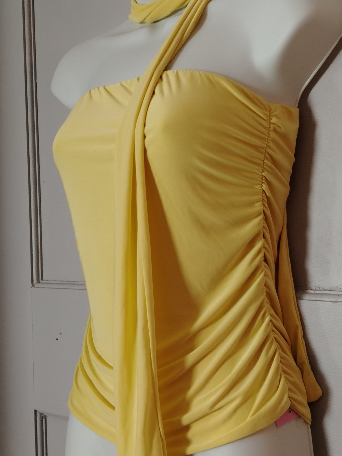 PLT Lemon Yellow Scarf Neck Top UK 10 Bandeau Ruched Double Layer Jersey Party N