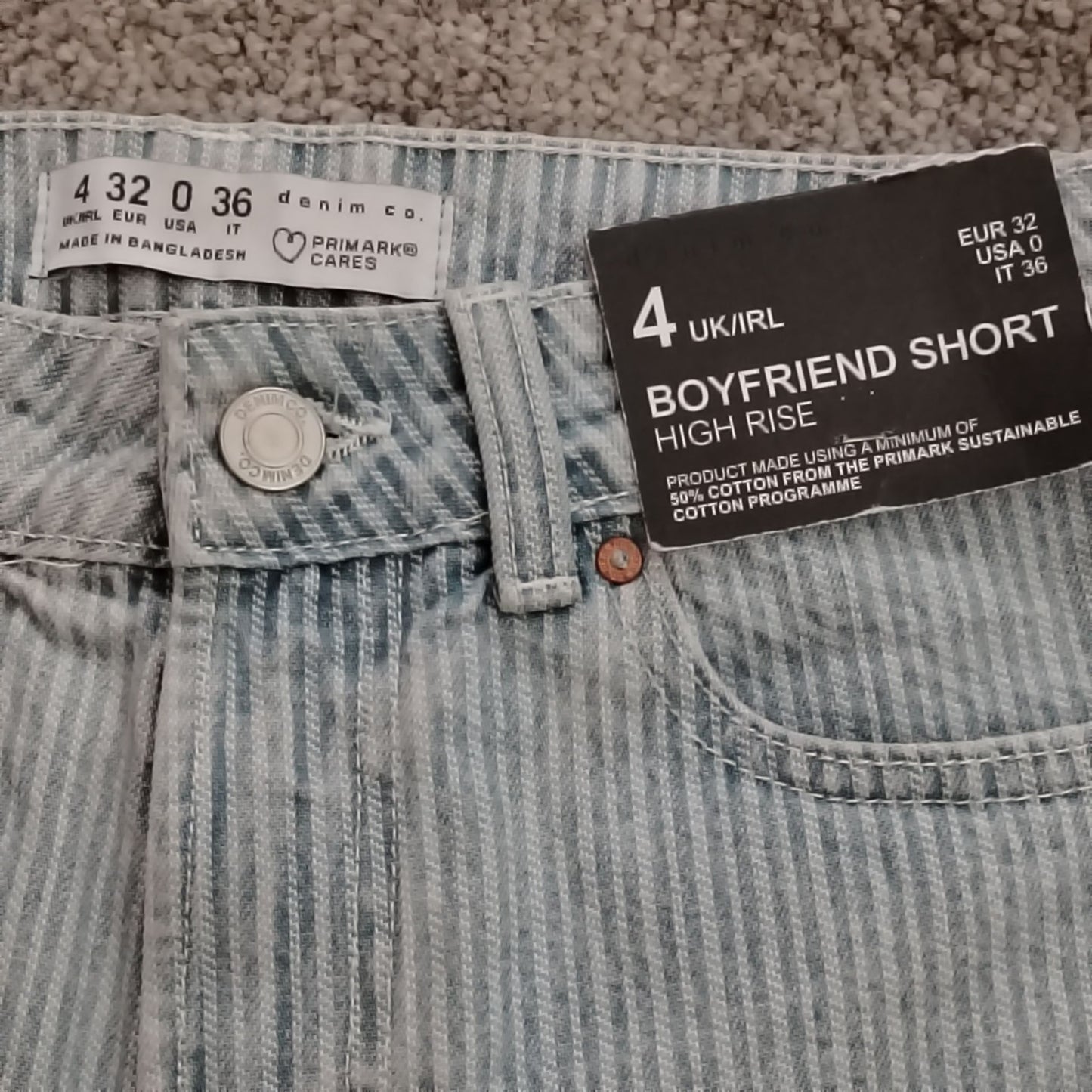 Denim Shorts Women's UK4 Boyfriend High Rise Light Blue Striped Frayed Raw Hem