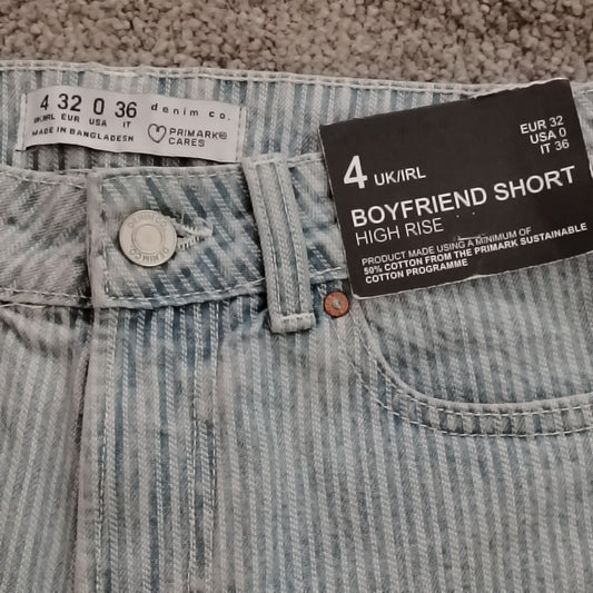 Denim Shorts Women's UK4 Boyfriend High Rise Light Blue Striped Frayed Raw Hem