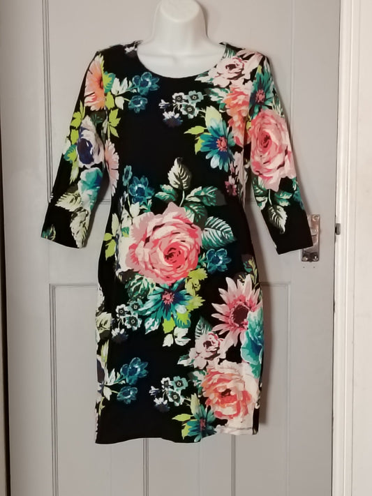 H&M Dress Womens M Black Floral 3/4 Sleeve Fitted Sheath Knee Length Stretch