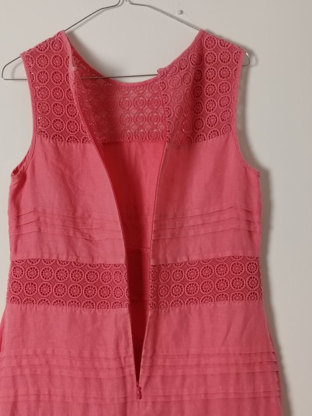 Monsoon Dress Womens 8 Linen Shift Sleeveless Crochet Lace Back Zip Coral Pink