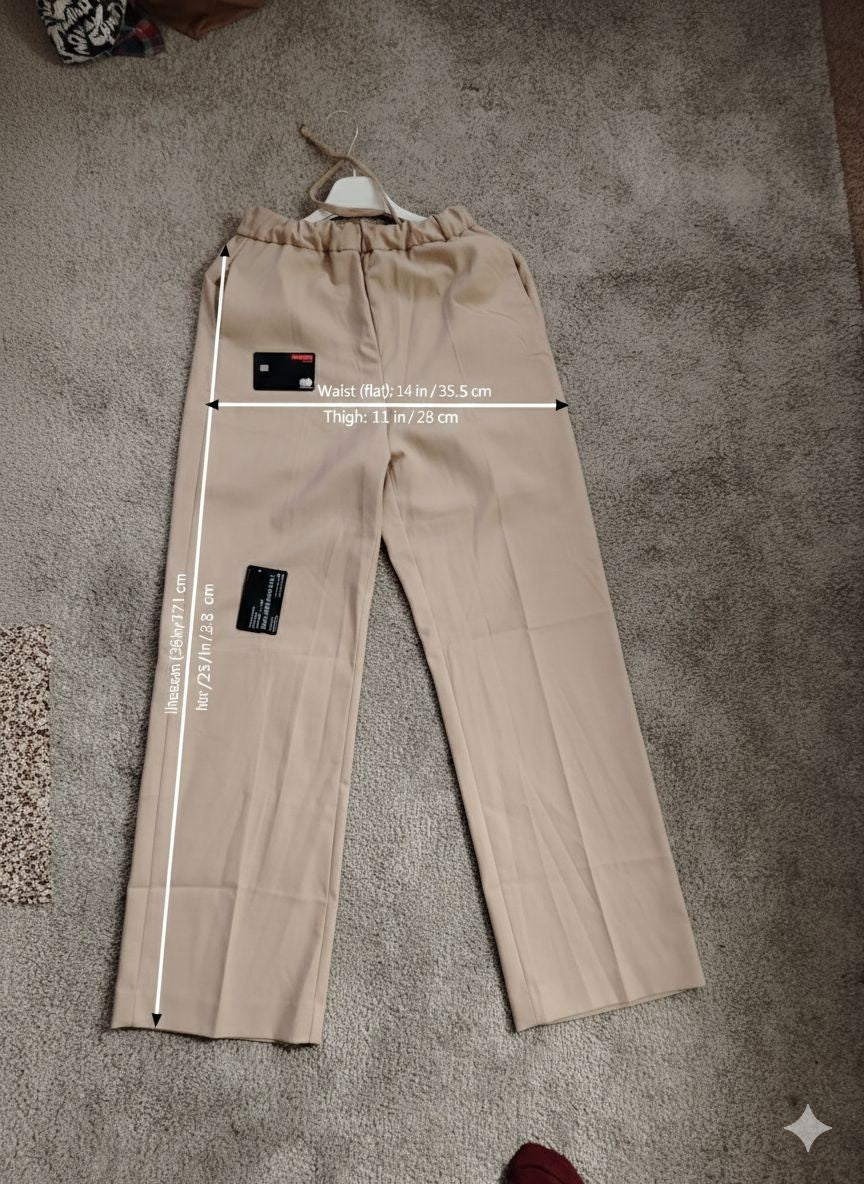 MNG Pants Womens S Beige Drawstring Elastic Waist Straight Leg Casual Office