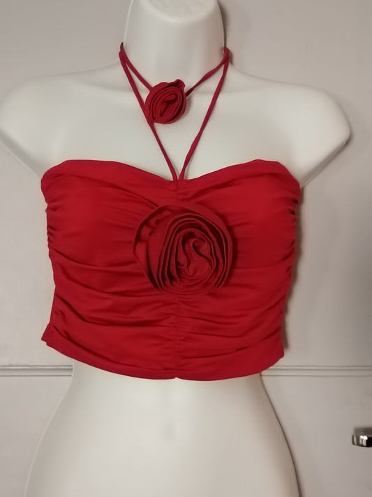 Pull&Bear Red Ruched Crop Top 3D Rose Appliqué Choker Halterneck Size M Y2K NWT