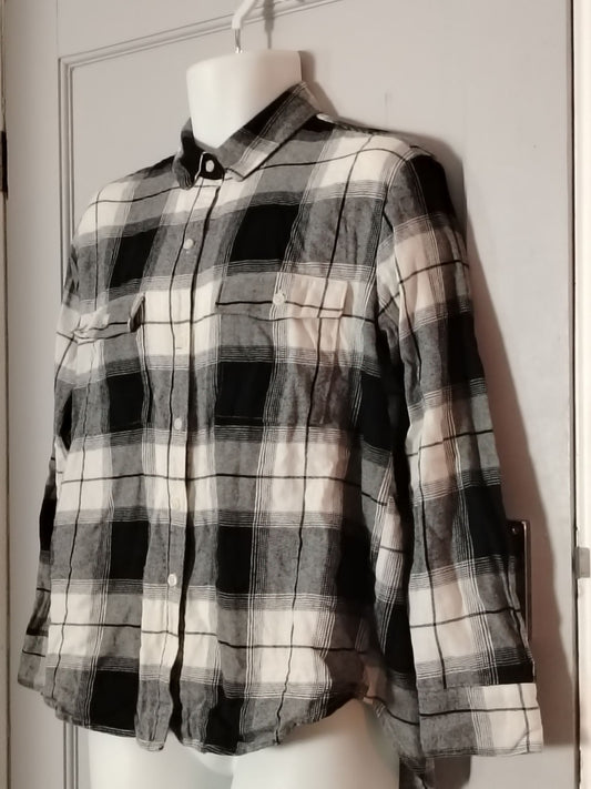Joe Browns Shirt Women L Black White Plaid Long Sleeve Tunic Button Up Boyfriend