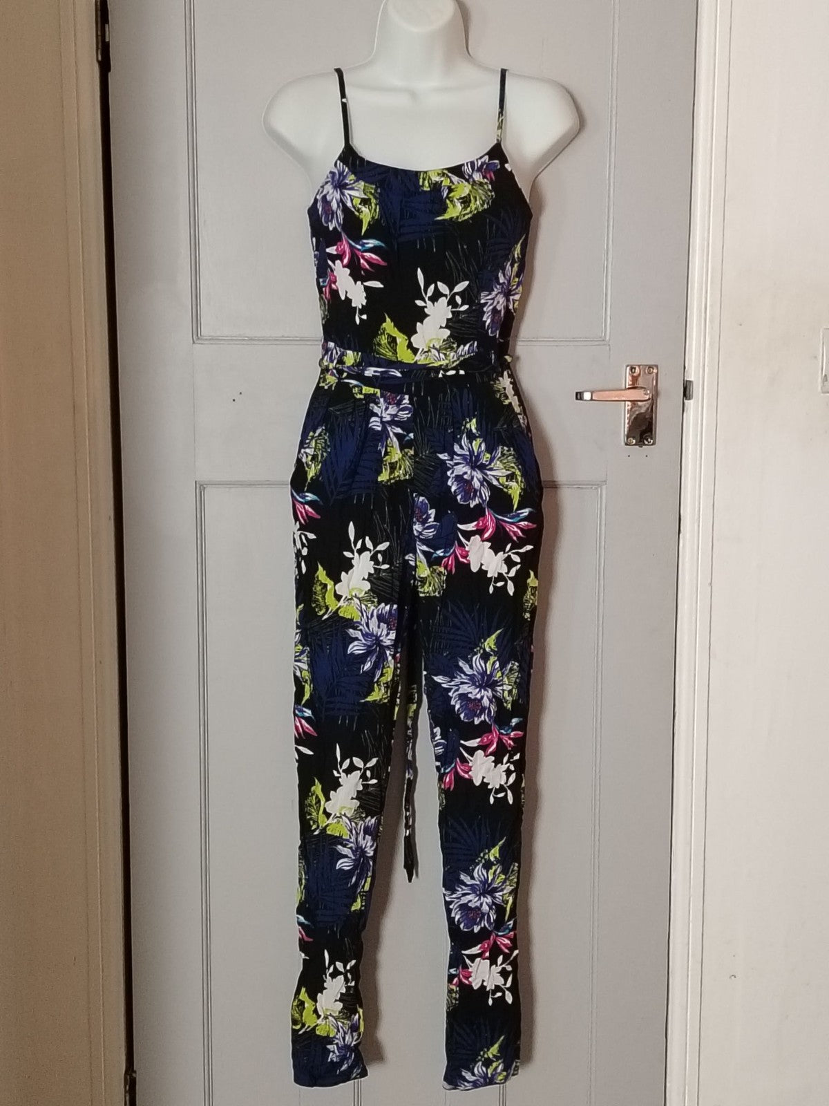Womens Jumpsuit Spaghetti Strap Belted Floral Print Navy Black Summer Pockets