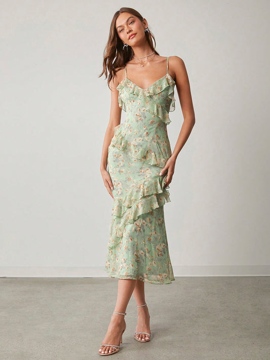 Boho Floral Green Tiered Mermaid Maxi Dress - Wedding & Special Occasions