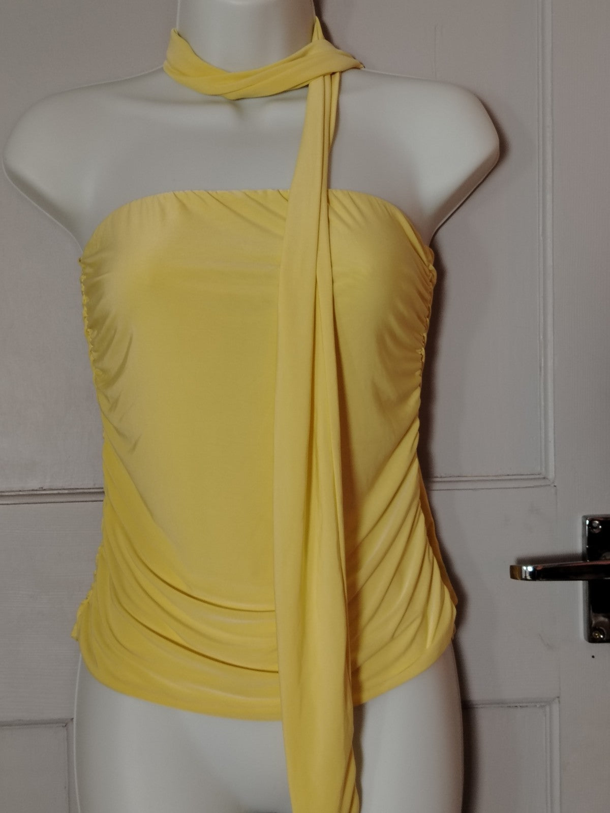 PLT Lemon Yellow Scarf Neck Top UK 10 Bandeau Ruched Double Layer Jersey Party N