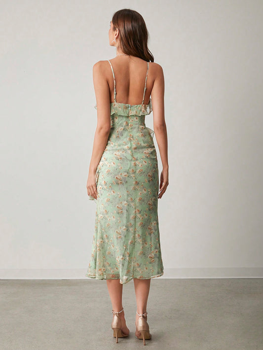 Boho Floral Green Tiered Mermaid Maxi Dress - Wedding & Special Occasions