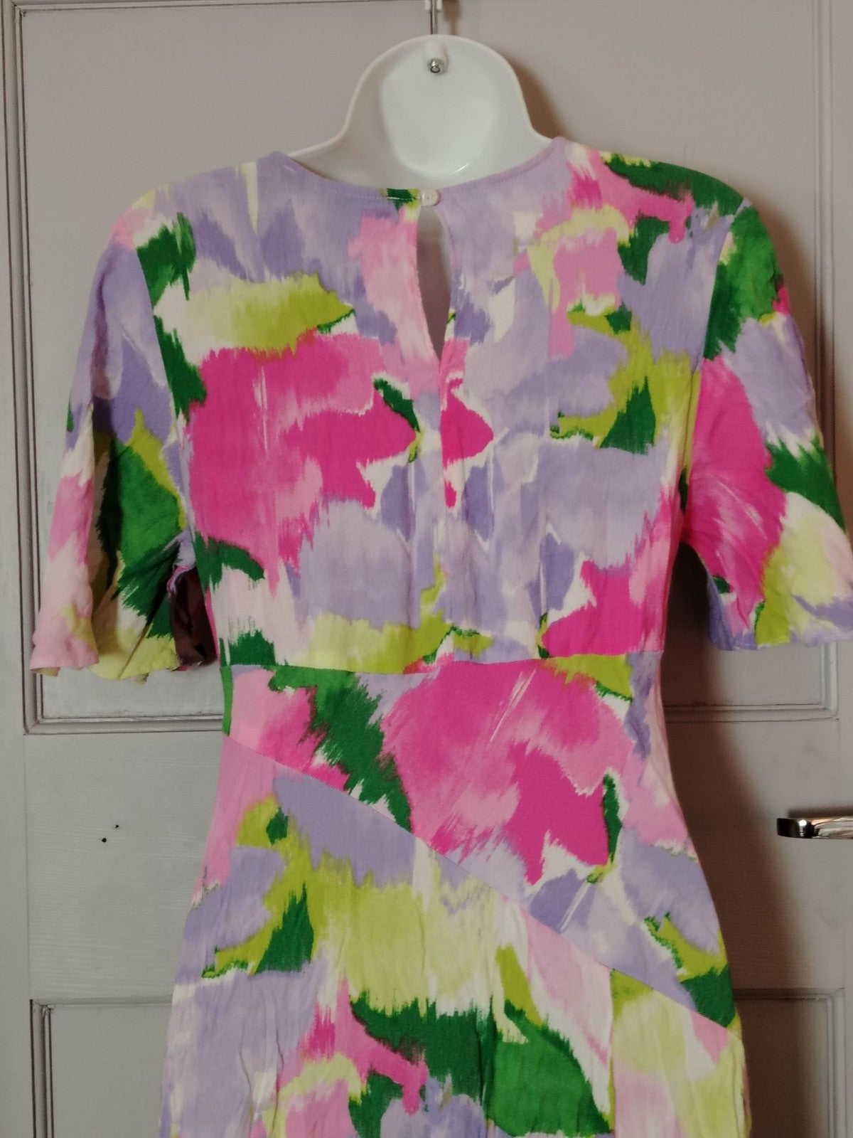Primark Dress Womens 12 V Neck Midi Short Sleeve Floral Pink Green Lavender