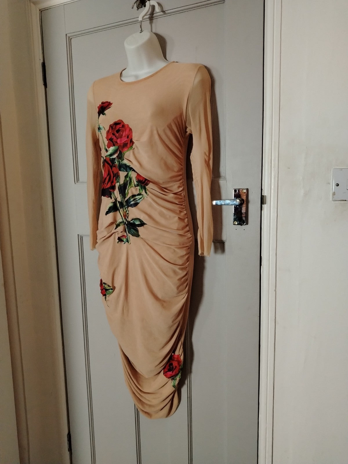 Odee Cutie Nude Beige Ruched Midi Dress Red Rose Floral Long Sleeve UK 8/10 Fair