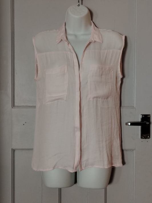 Sleeveless Button Front Blouse Womens Sheer Light Pink Collared Pocket Casual