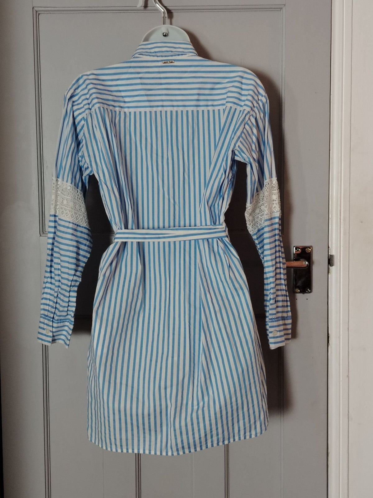 Liu Jo Shirt Dress Womens 38 Blue White Stripe Long Sleeve Lace Belted Buttoned