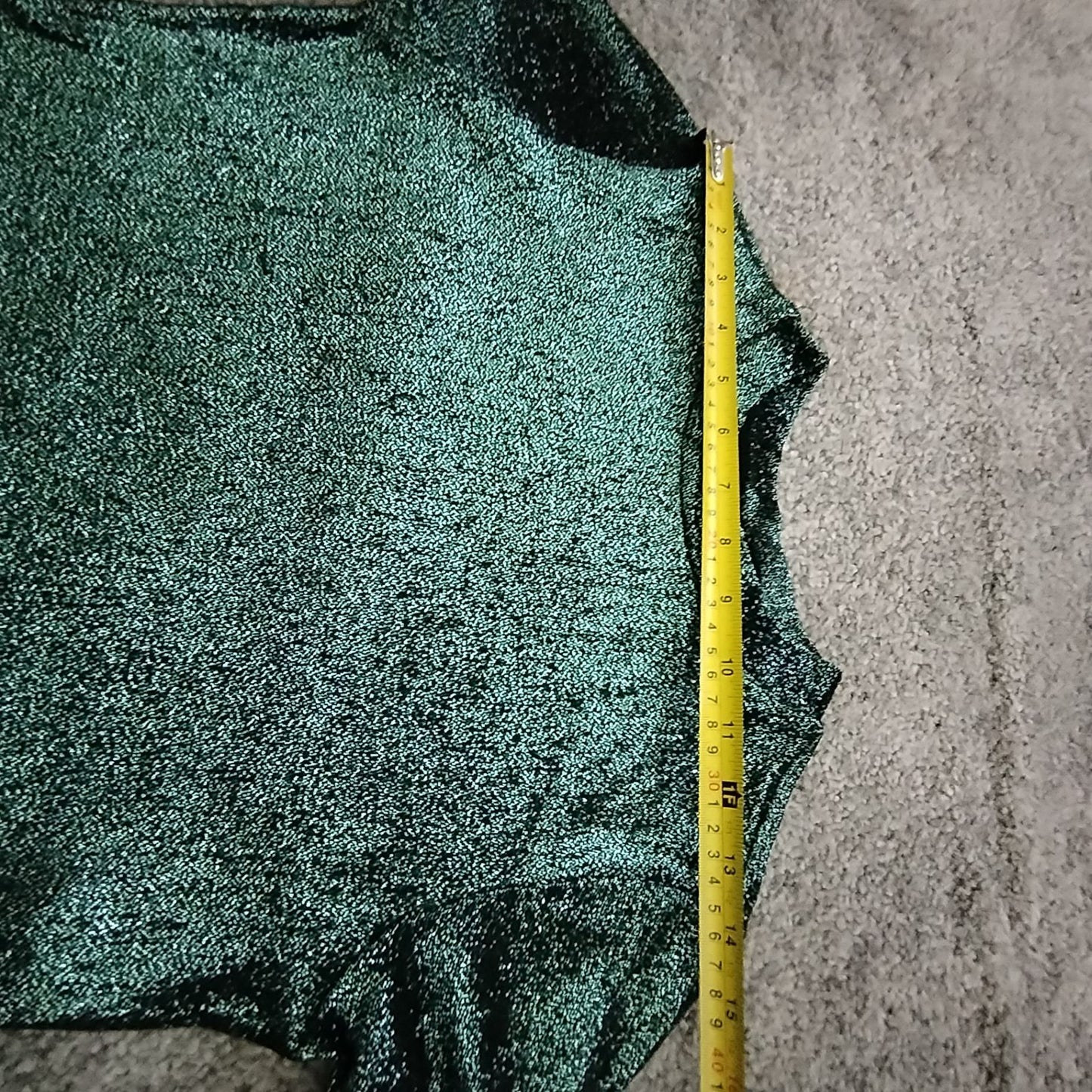 TOPSHOP Top Women's UK10 Green Metallic Cropped Short Sleeve Shimmer Party Tee