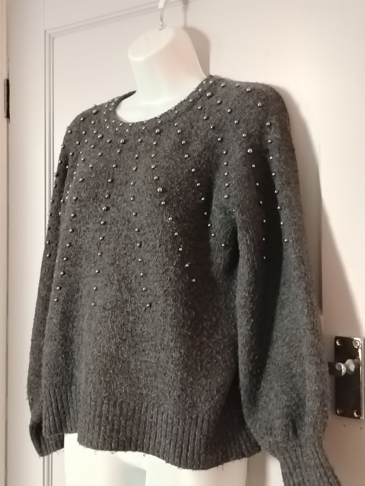 Primark Sweater Womens XS Gray Studded Crewneck Fuzzy Knit Beaded Top Pearl