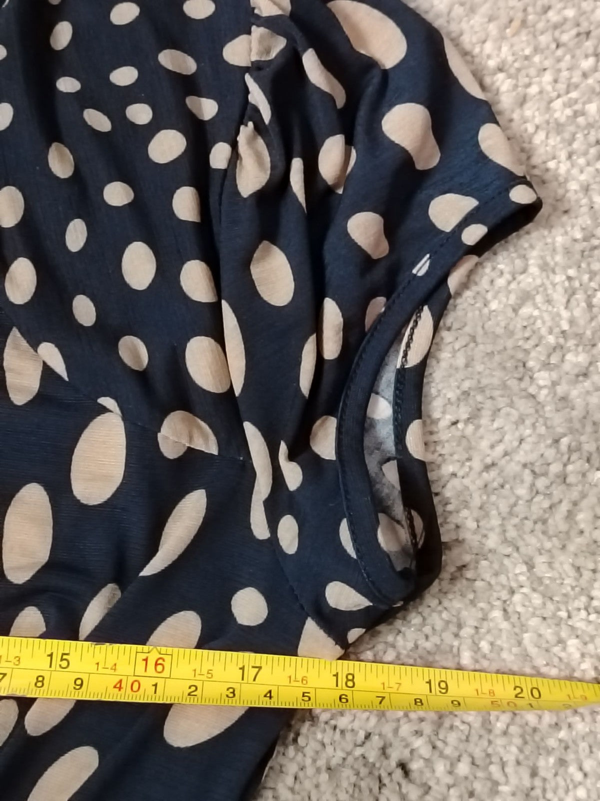 Promod Dress Womens L Navy Polka Dot Wrap VNeck Buckle Short Sleeve Knee Length