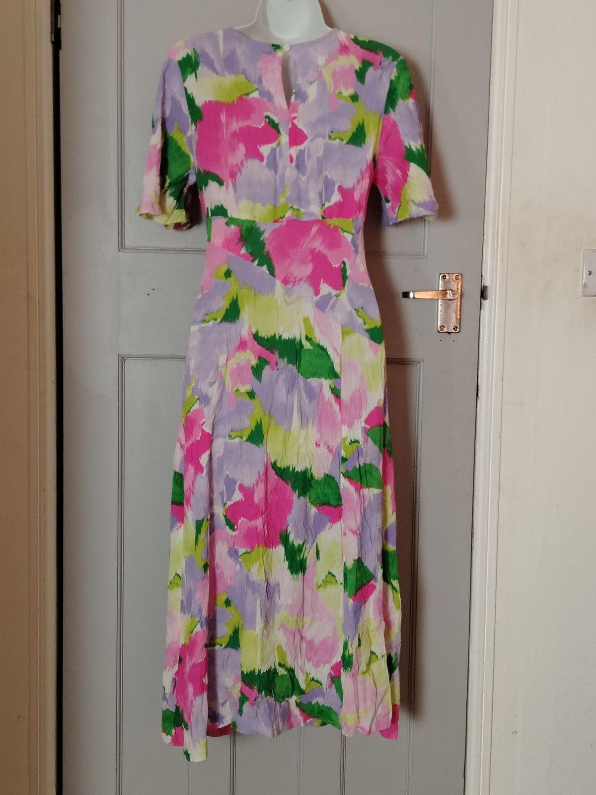 Primark Dress Womens 12 V Neck Midi Short Sleeve Floral Pink Green Lavender
