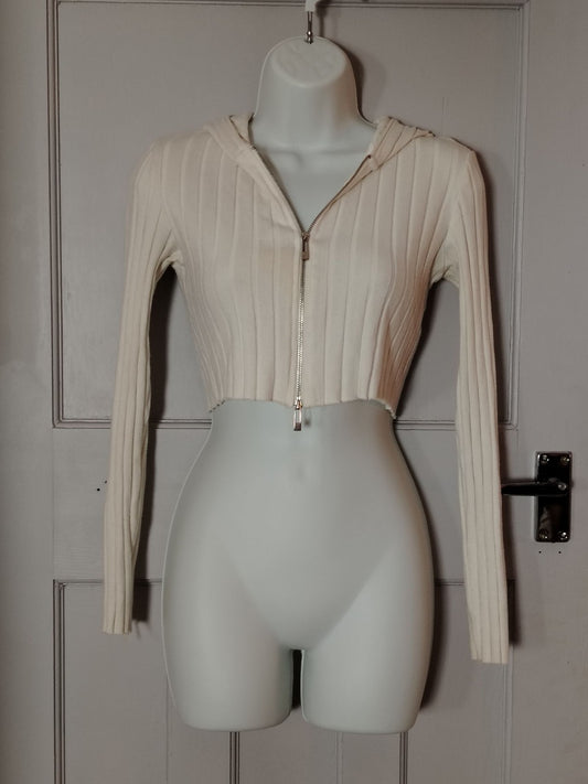 Bershka Cropped Hoodie Womens M Ribbed Zipper Long Sleeve Sweater Cream Knit