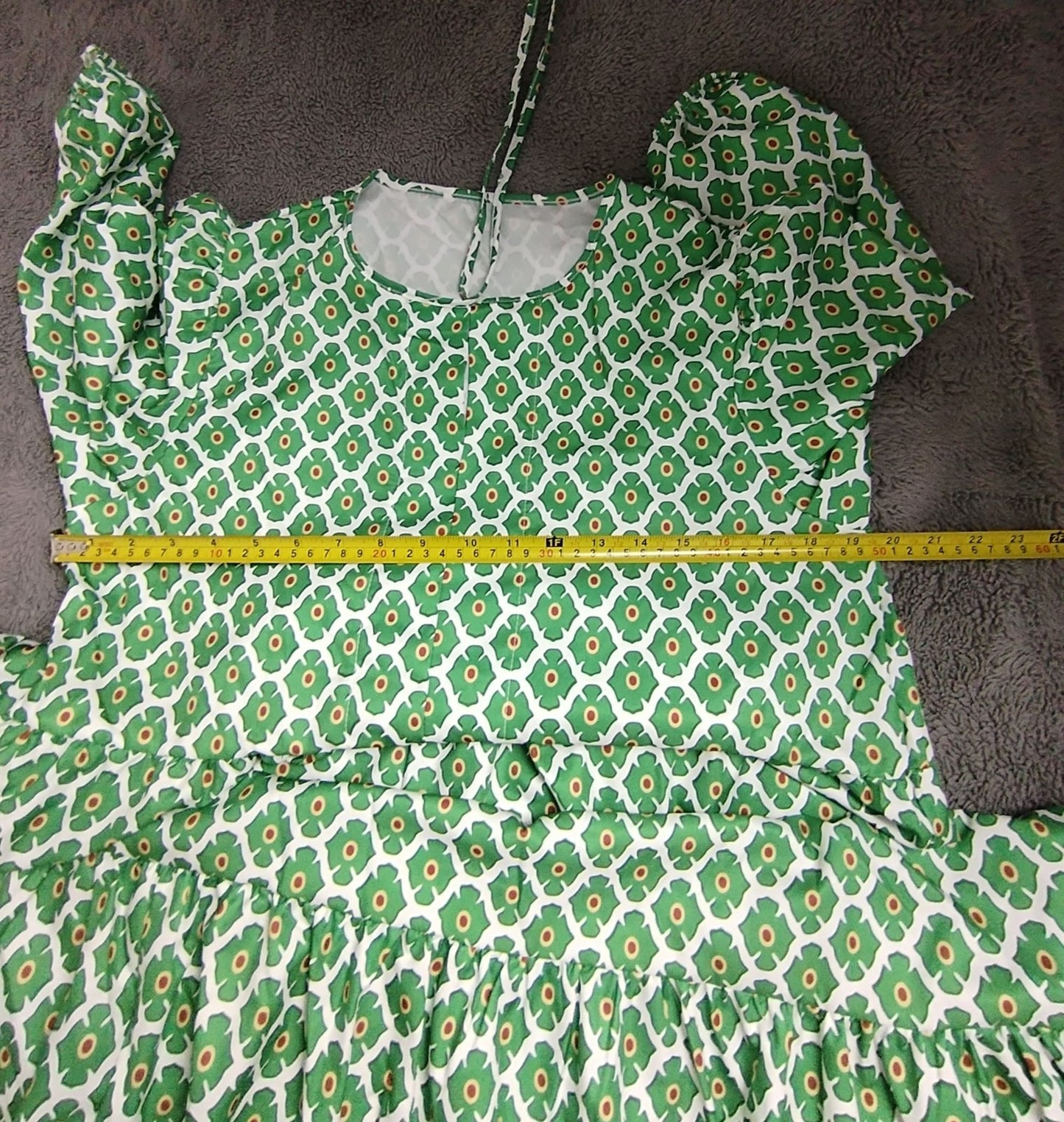 Womens Dress G3 Green Geometric Floral Tiered Maxi V Neck Tie 3/4 Sleeve