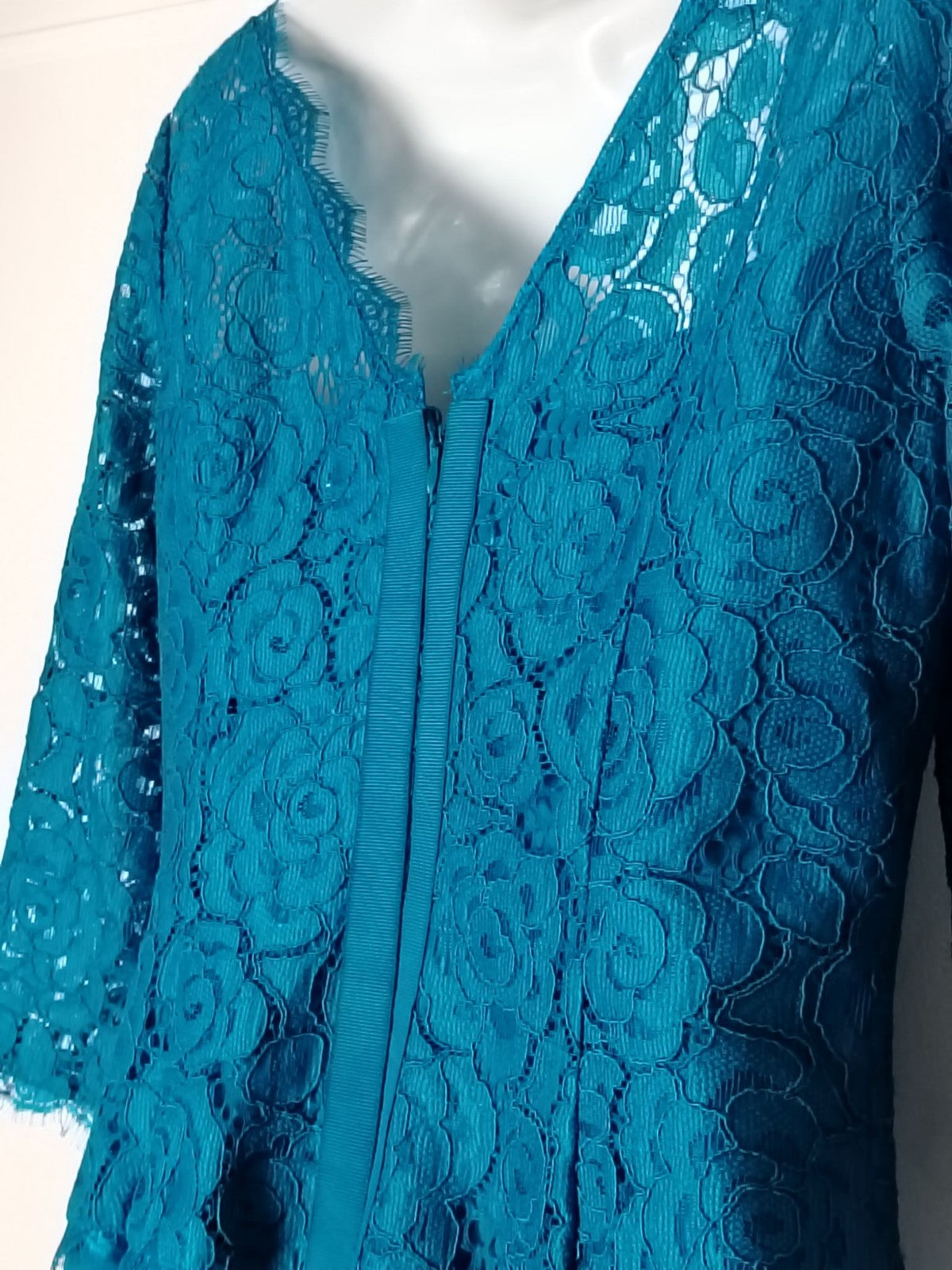 Adrianna Papell Dress Womens UK 12 Teal Lace Overlay V Neck 3/4 Sleeve Formal
